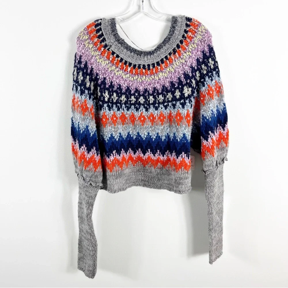 Free People Home For The Holidays Wool Blend Sweater Size Large NWT Gray Combo - Picture 10 of 11